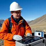 **Prompt for Geophysicist in the Field:**
    A professional geophysicist, male or female, fully clothed in a modest, rugged field uniform and safety gear, meticulously operating advanced seismic monitoring equipment. The scene is set in a vast, remote mountainous landscape under a clear blue sky, emphasizing scientific dedication and exploration. The equipment includes delicate sensors connected to a portable data analysis unit. The image should convey precision and focus on data collection. This image is safe for work, appropriate content, perfect anatomy, correct proportions, natural pose, well-formed hands, proper finger count, natural body proportions, professional photography, high quality.