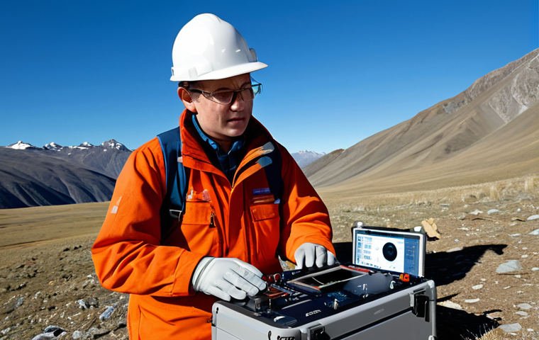 **Prompt for Geophysicist in the Field:**
    A professional geophysicist, male or female, fully clothed in a modest, rugged field uniform and safety gear, meticulously operating advanced seismic monitoring equipment. The scene is set in a vast, remote mountainous landscape under a clear blue sky, emphasizing scientific dedication and exploration. The equipment includes delicate sensors connected to a portable data analysis unit. The image should convey precision and focus on data collection. This image is safe for work, appropriate content, perfect anatomy, correct proportions, natural pose, well-formed hands, proper finger count, natural body proportions, professional photography, high quality.