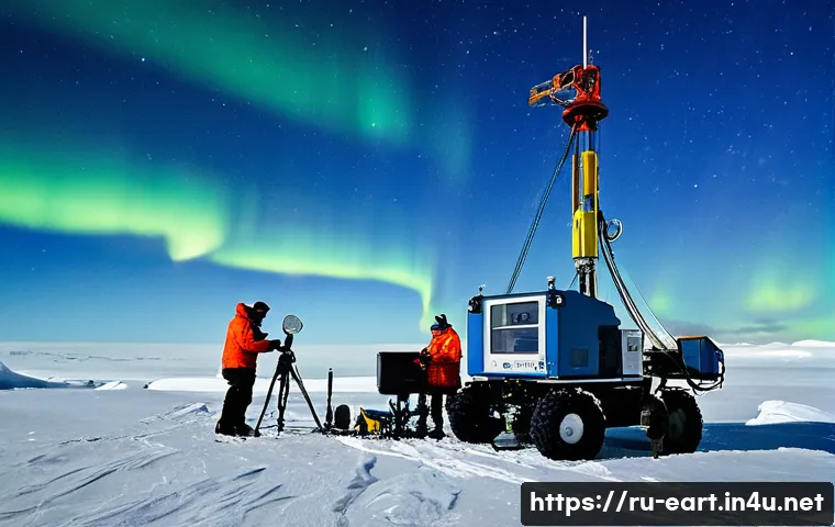 지구과학자 연구실 경험 공유 - **Prompt:** A team of diverse geoscientists, both male and female, equipped with specialized cold-we...