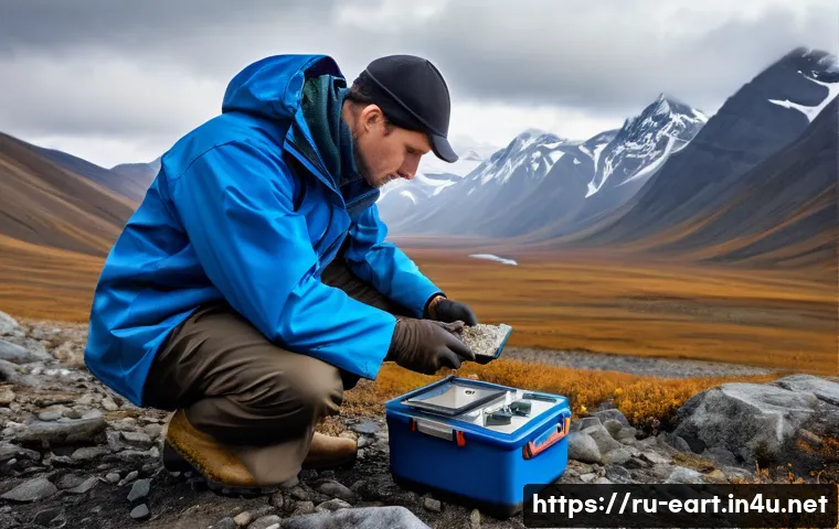 지구과학자 진로 선택을 위한 체크리스트 - A detailed scene of a Russian geoscientist conducting field research in a remote Siberian landscape,...