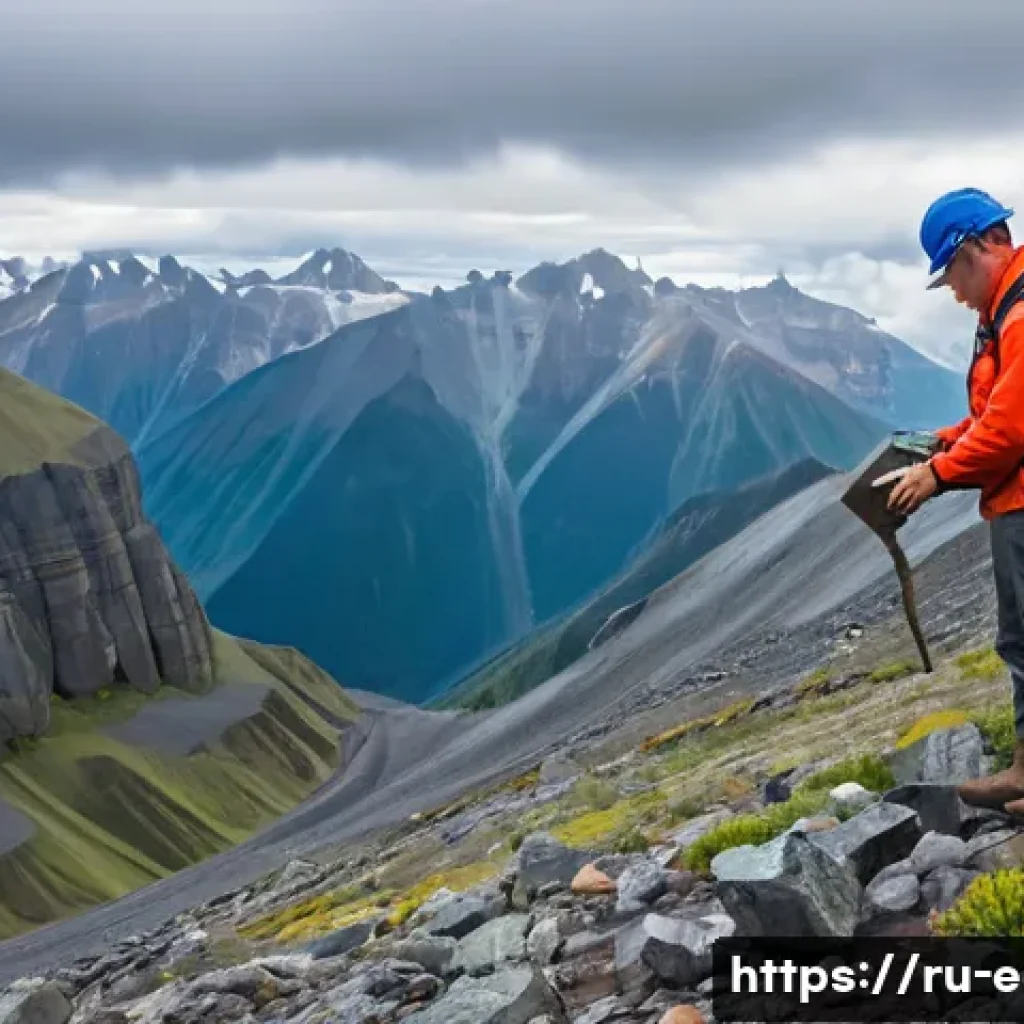 지구과학자 실무 경험 - A detailed scene of a professional geologist conducting a field study on a rugged mountain slope und...