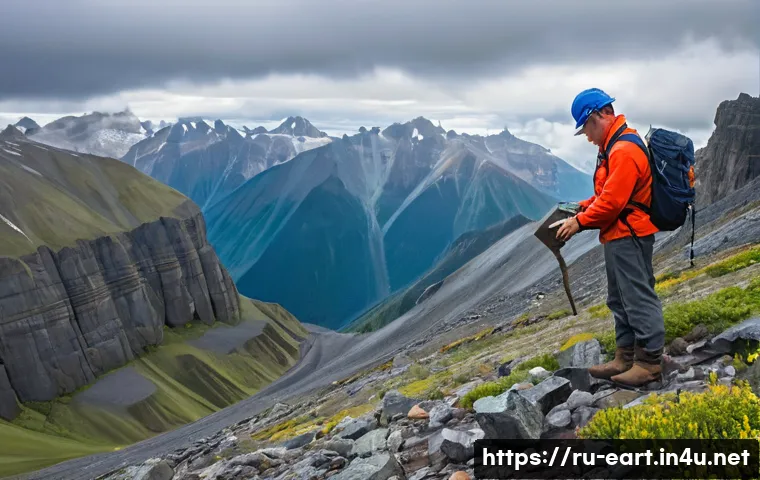 지구과학자 실무 경험 - A detailed scene of a professional geologist conducting a field study on a rugged mountain slope und...