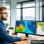 지구과학자 이직 전략 - A professional geoscientist in a modern office environment, working at a computer with multiple scre...