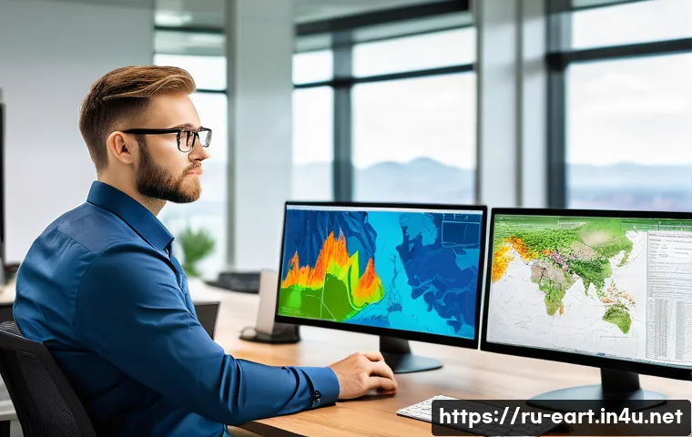 지구과학자 이직 전략 - A professional geoscientist in a modern office environment, working at a computer with multiple scre...