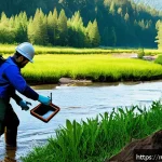 지구과학자 환경 관련 분야 진출 - A detailed scene of environmental monitoring with a geological focus: a diverse team of geologists a...