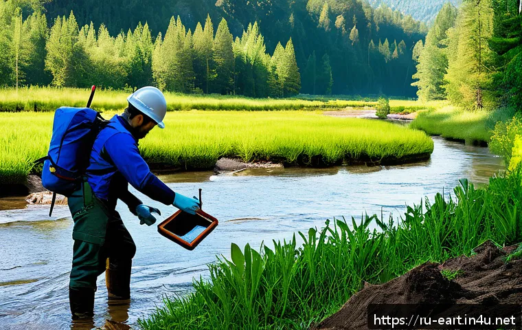 지구과학자 환경 관련 분야 진출 - A detailed scene of environmental monitoring with a geological focus: a diverse team of geologists a...