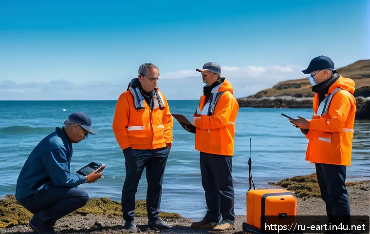 지구과학자 국제적 연구 협력 - A diverse international team of scientists and engineers collaborating outdoors near a high-tech und...