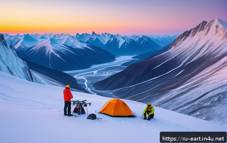 지구과학자 현장 경험 - A detailed scene of a geological expedition in a remote Siberian mountain range during winter, featu...