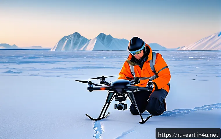 지구과학자 직장 내 성장 기회 - A professional Russian geologist operating a drone over a vast Arctic tundra landscape, wearing warm...