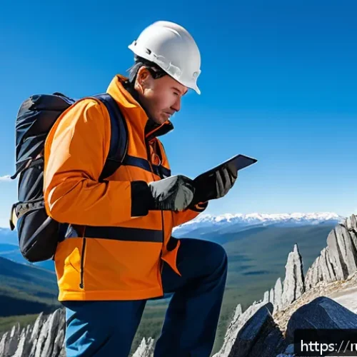 지구과학자 직무별 업무 내용 - A professional geologist in rugged fieldwork gear carefully examining rock formations on a remote mo...
