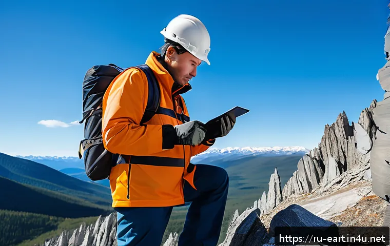 지구과학자 직무별 업무 내용 - A professional geologist in rugged fieldwork gear carefully examining rock formations on a remote mo...