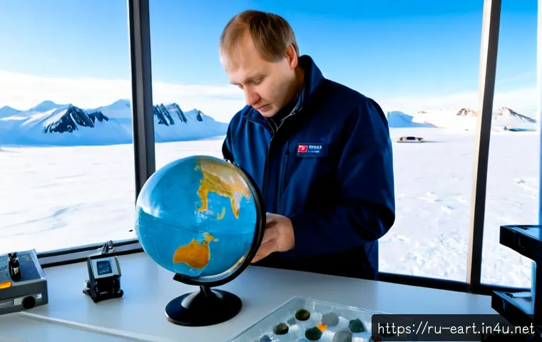 지구과학자 연구 개발 동향 - Photorealistic Earth scientist in a modern Russian Arctic research station, examining a large physic...
