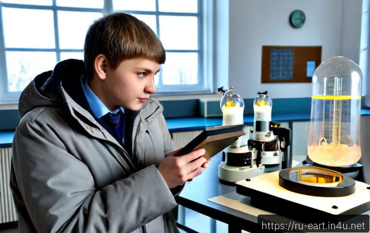 지구과학자 대학교 선택 기준 - Photorealistic Russian high school student in a warm winter coat touring a modern university geoscie...