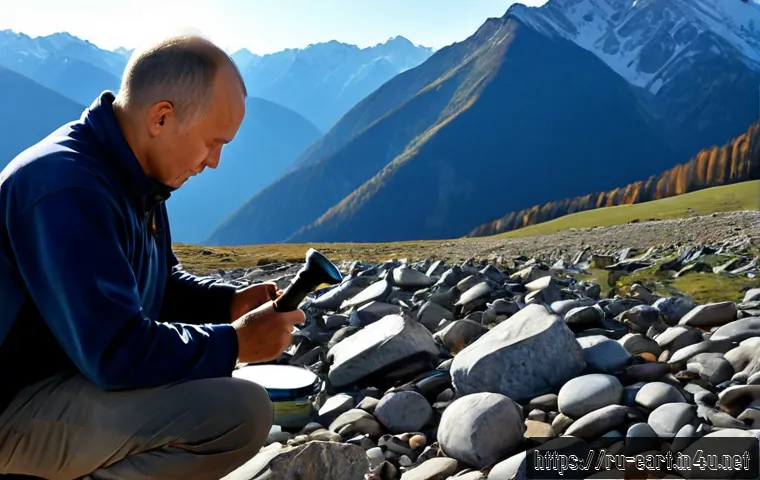 지구과학자 전문 연구 분야 - Photorealistic Russian geologist conducting field research in the Altai Mountains, examining layered...
